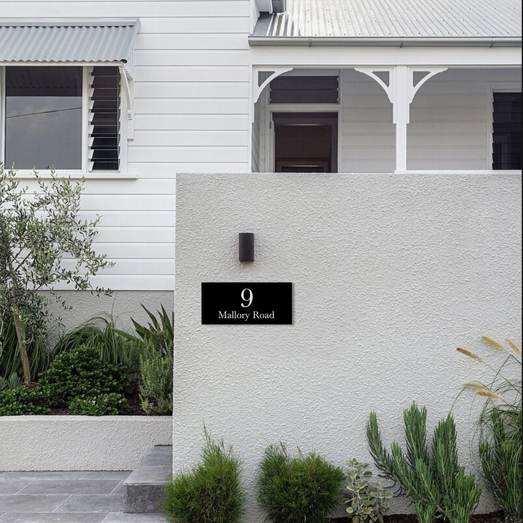 Black Powder-Coated Aluminium Address Plate with Laser Cut Text - 600 x 300mm