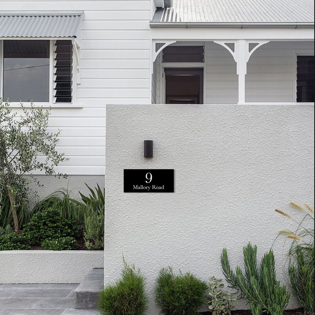 Black Traffolyte Address Sign with White Engraved Text – 300 x 140mm (Text Centralised)