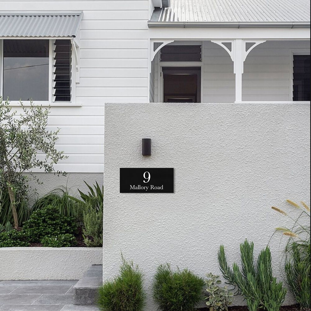 Black Powder-Coated Aluminium Address Plate with Laser Cut Text - 600 x 300mm
