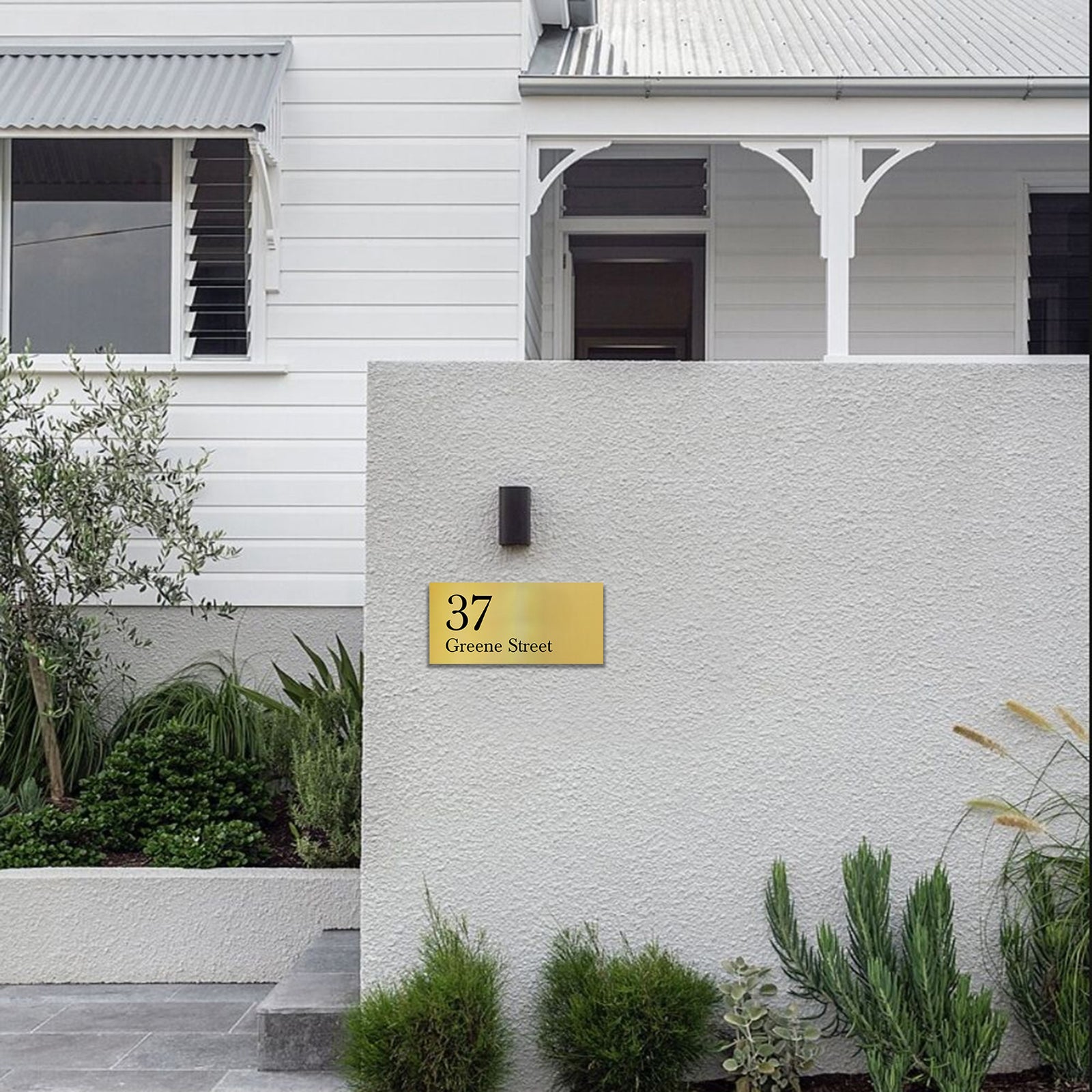 Gold Aluminium Address Sign with with Vinyl Text 300 x 140 (Text Aligned Left)
