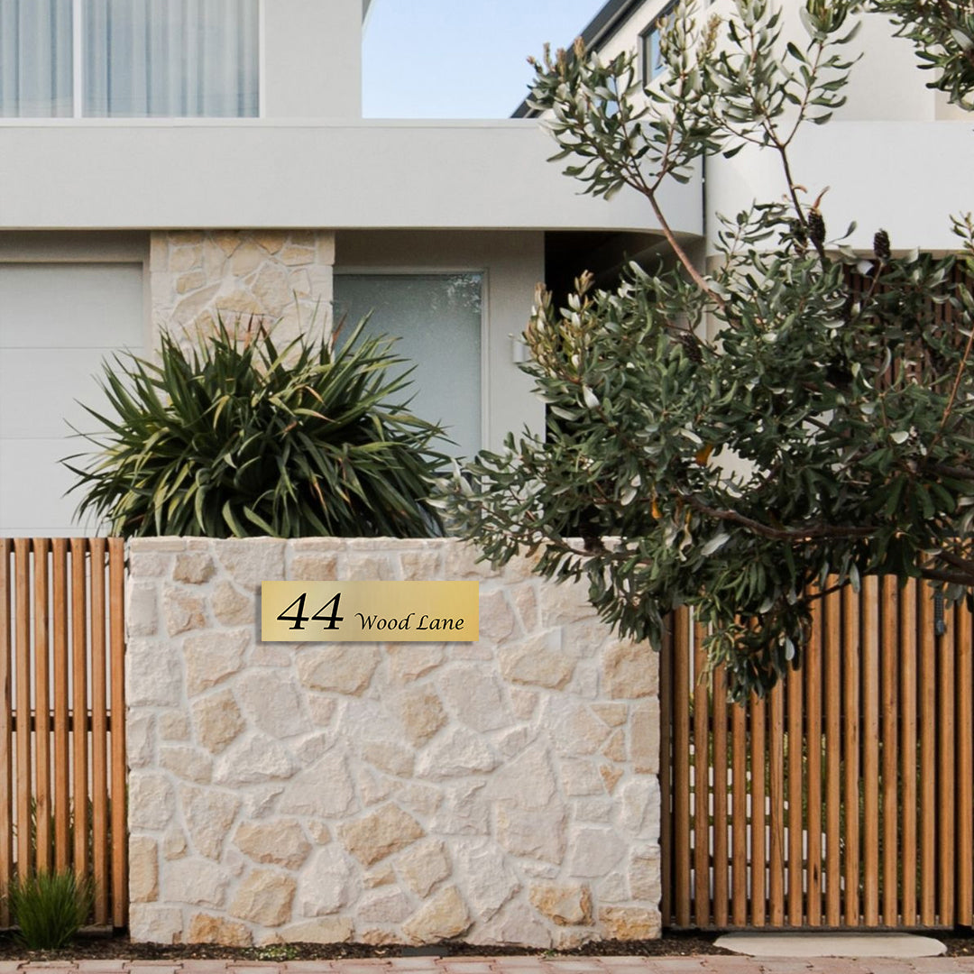 Gold Aluminum Address Sign with Vinyl Text 900 x 250mm