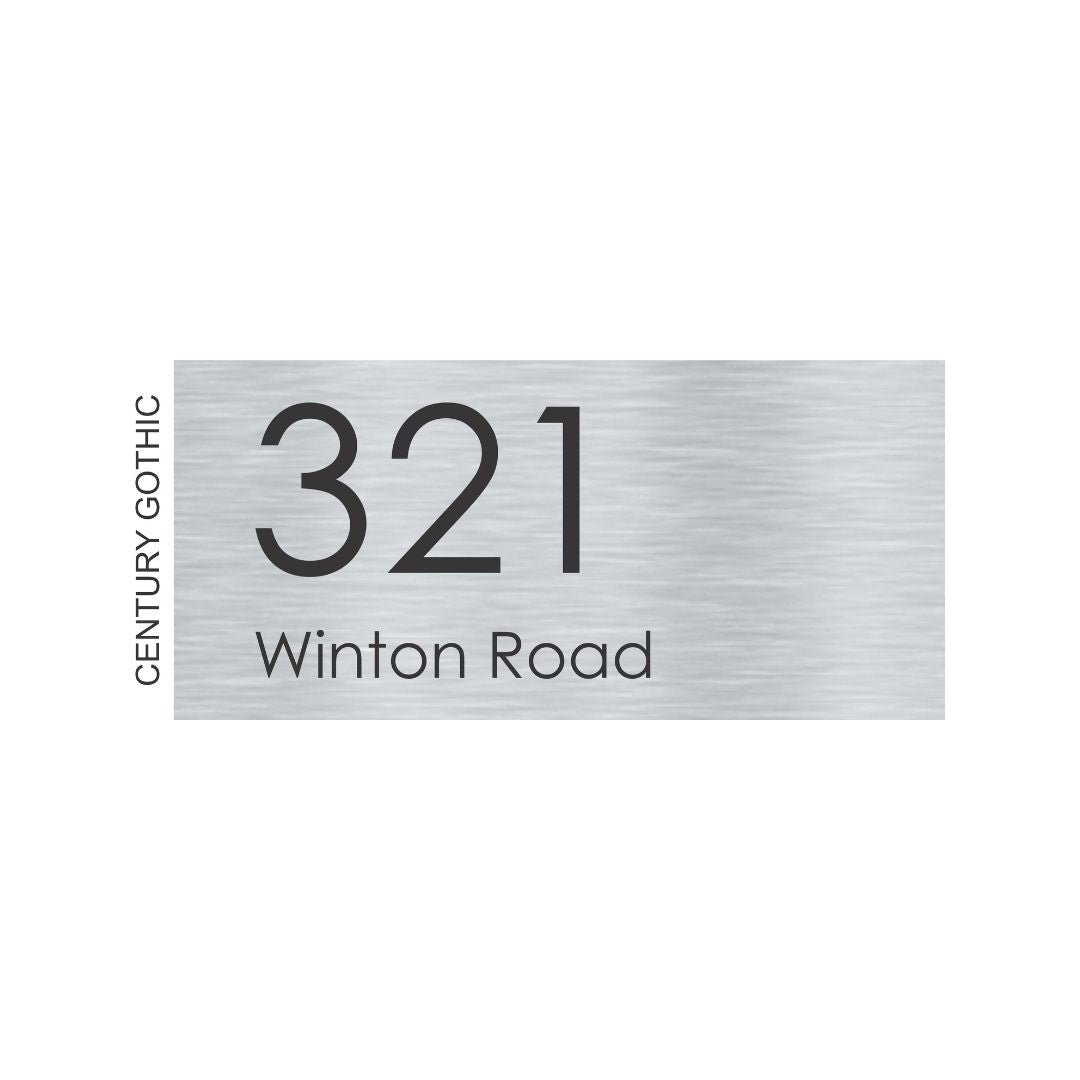 Silver Aluminum House Sign with Black Vinyl Text (300 x 140) - Text Aligned Left