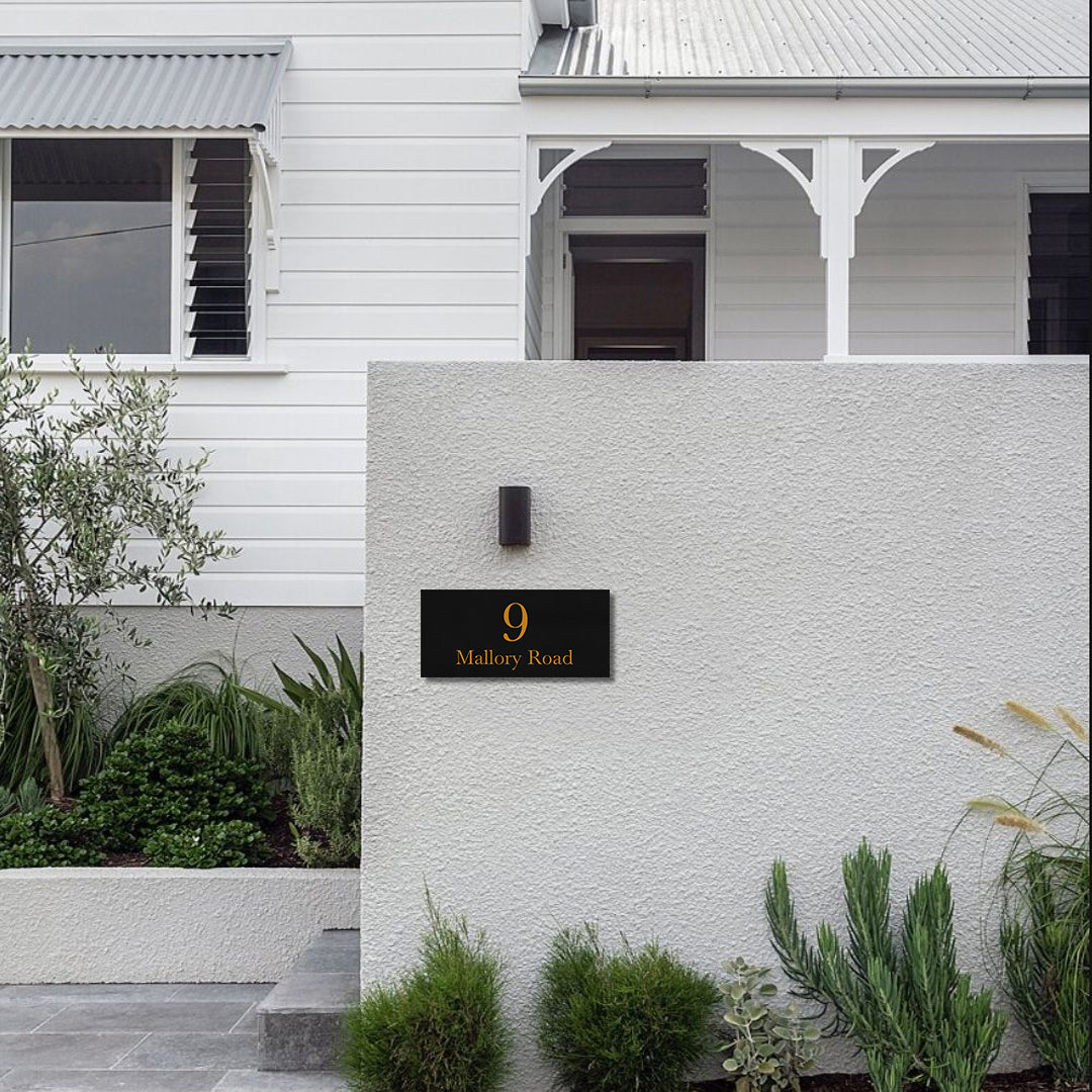 Black Powder-Coated Aluminium Address Plate with Laser Cut Text - 600 x 300mm