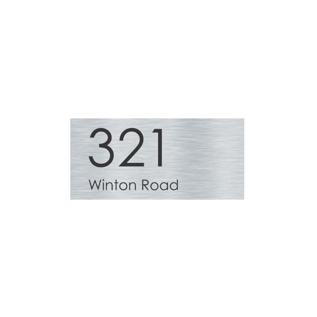 Silver Aluminum Address Sign with Black Vinyl Text (300 x 140) - Text Aligned Left