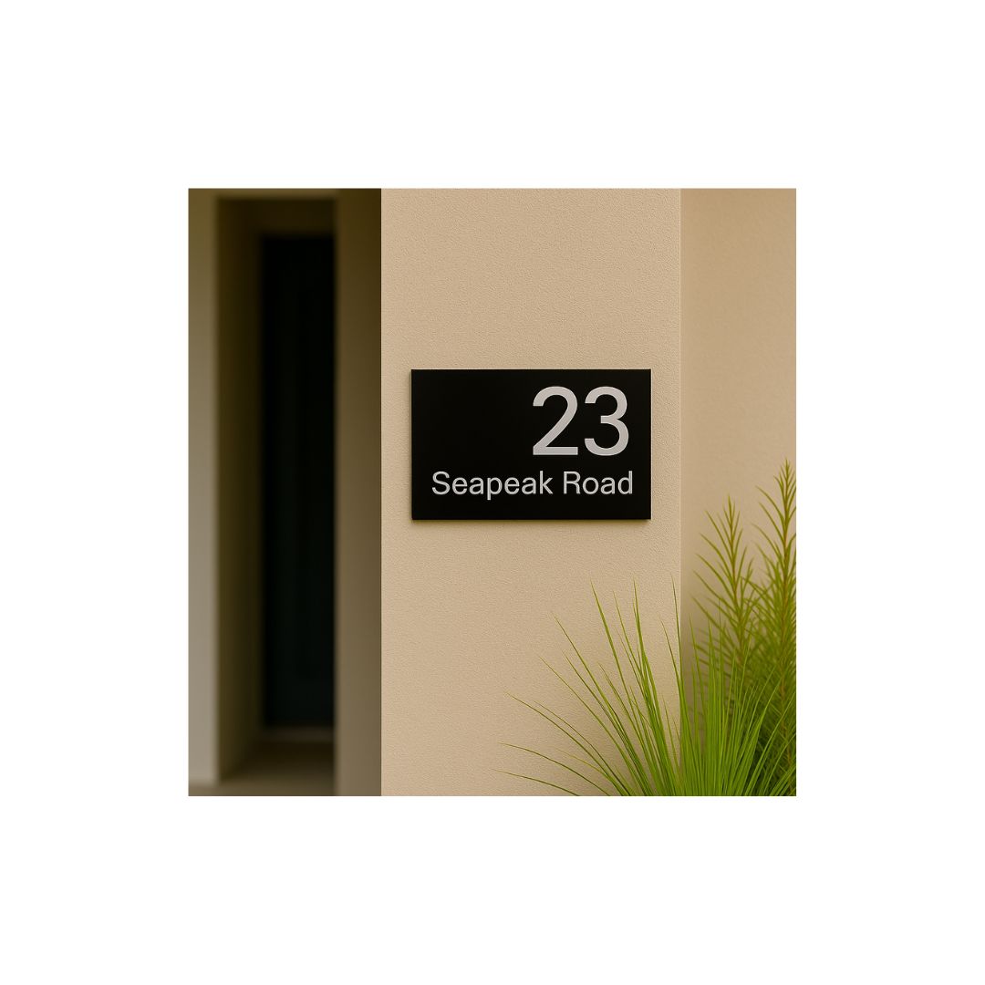 Black Traffolyte Address Sign with Vinyl Text – 300 x 140mm