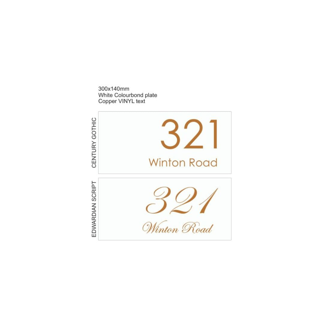 White Colorbond Steel Address Sign with Vinyl Text - 300 x 140mm