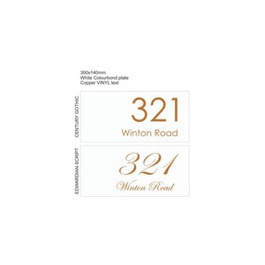 White Colorbond Steel Address Sign with Vinyl Text - 300 x 140mm