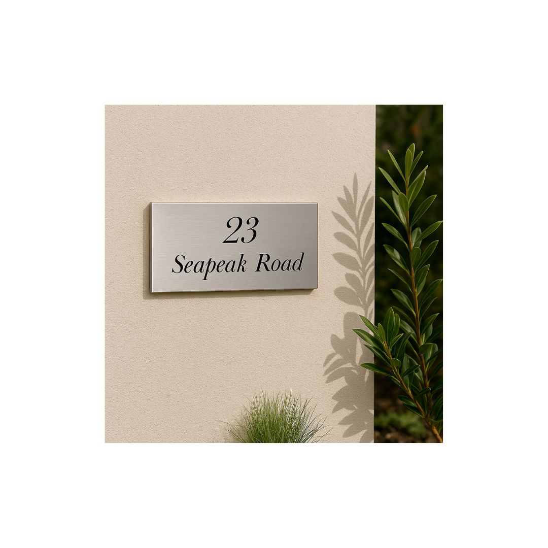 316 Marine Grade Brushed Stainless Steel Address Sign 300 x 140mm - Laser Cut (Central Text)