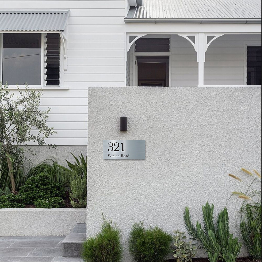 Silver Aluminum Address Sign with Black Vinyl Text (300 x 140) - Text Aligned Left