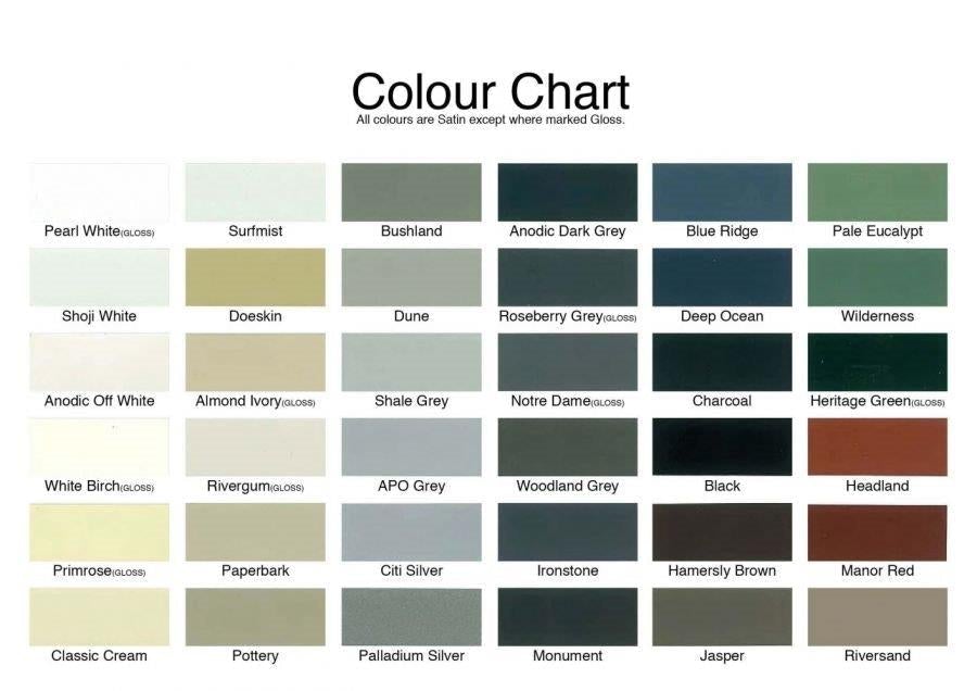 City Living 1200 Series - 1200 x 600 Colour Chart-Aussie Clotheslines & Letterboxes